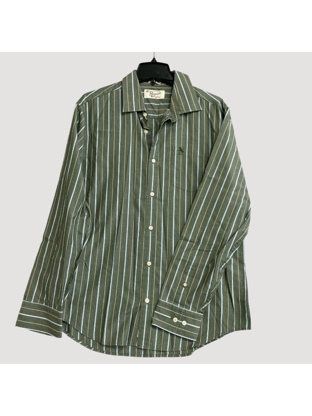 Original Penguin Men's L Classic Fit Green Striped Button-Down Shirt P0394